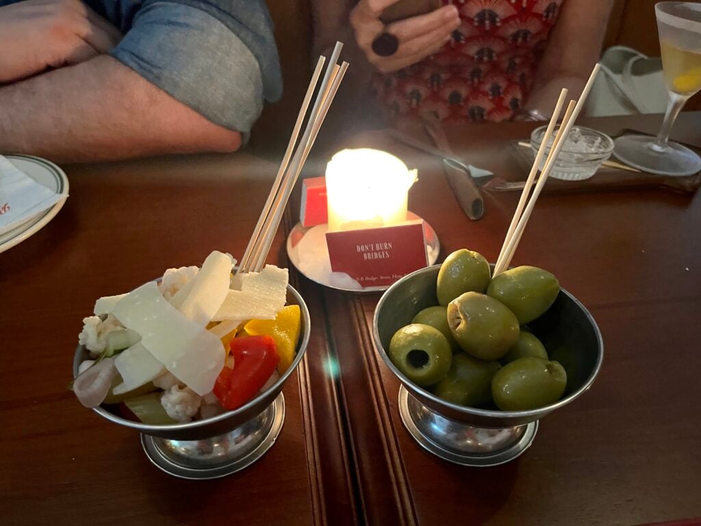 Olives and pickles at at Bar Leone