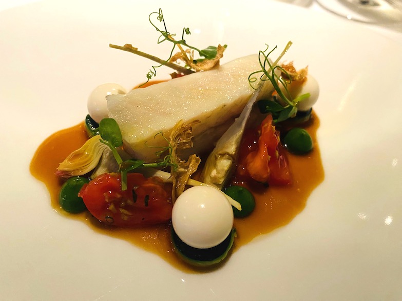 Wild sea bass with burrata and Japanese fruit tomato at BELON