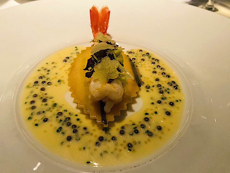 Spot prawn with ravioli and champagne sauce at BELON